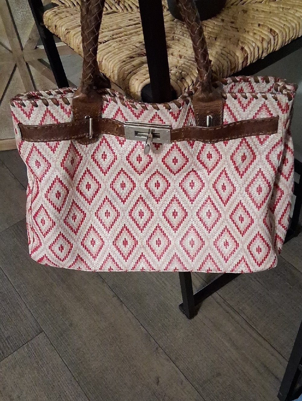 Woven Diamond-Pattern Tote in Pink Red and White with Brown Trim